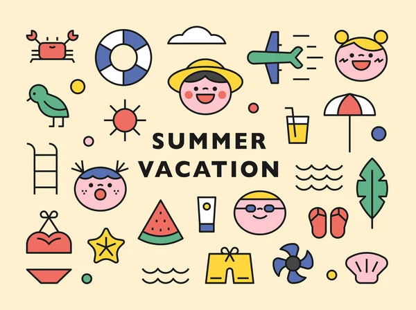 Niedliche Sommer Strand Ikonen Sammlung Essen Schwimmsachen Urlaubs Ikonen Und — Stockvektor