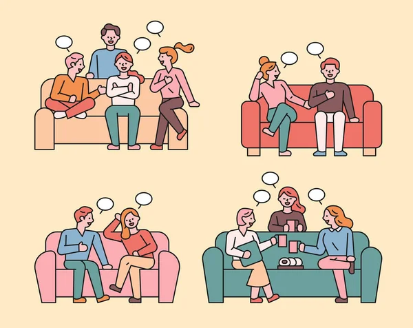Φίλοι Κάθονται Στον Καναπέ Και Κουβεντιάζουν Μια Ομάδα Φίλων Που — Διανυσματικό Αρχείο