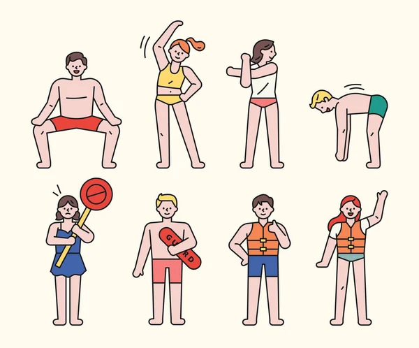 Персонаж Який Вказує Правила Безпеки Перед Плаванням Пляжі Персонаж Розтягується — стоковий вектор