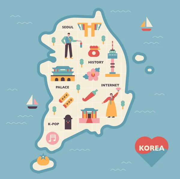 한국의 지도와 아이콘 지도상의 틀에는 이정표와 문화적 상징물이 있습니다 디자인 — 스톡 벡터