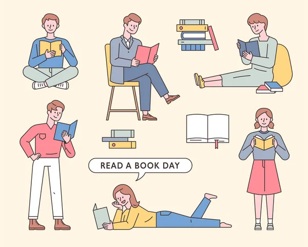 本を読む人々のコレクション 人々はさまざまな姿勢で本を読んでいる フラットデザインスタイル最小ベクトルイラスト — ストックベクタ