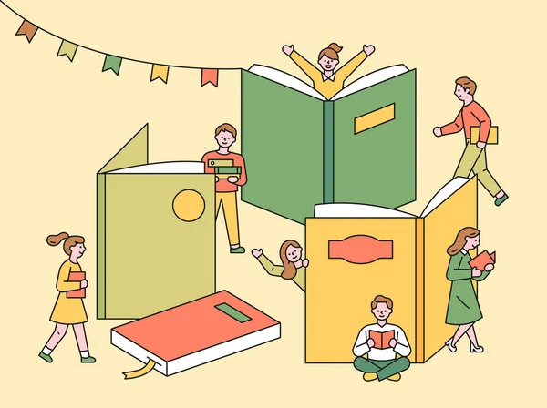 Kitap Festivali posteri. Bina gibi büyük bir kitabı olan bir kütüphanede insanlar etrafta dolaşıp kitap okuyorlar. düz tasarım biçimi asgari vektör çizimi.