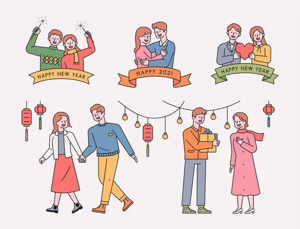カップルのキャラクターとロゴ 多くのカップルが新年を祝っている フラットデザインスタイル最小ベクトルイラスト — ストックベクタ