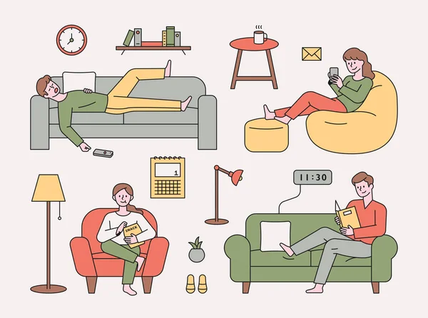 Άνθρωποι Ξεκουράζονται Διάφορους Τύπους Καναπέδων Κοιμάσαι Διαβάζεις Βιβλία Βλέπεις Τηλεόραση — Διανυσματικό Αρχείο