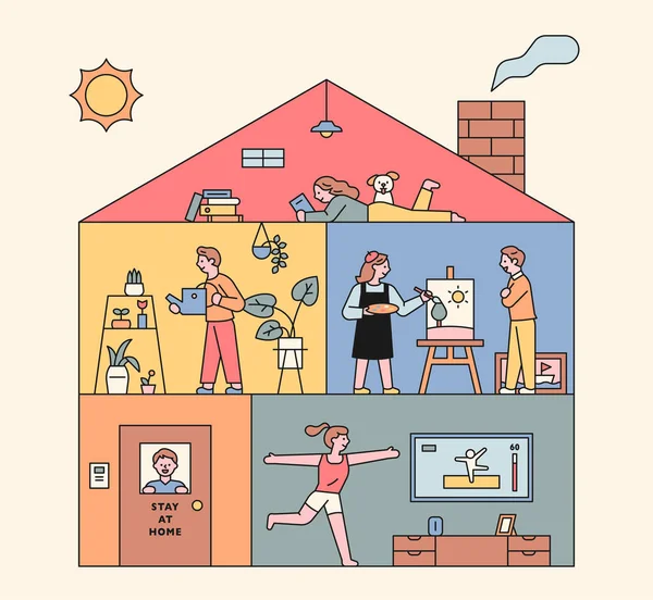 住宅大楼里的人家庭园艺 平面设计风格最小矢量插图 — 图库矢量图片