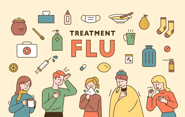 Ensemble Icônes Grippe Personnes Atteintes Toux Fièvre Icônes Médicinales Illustration — Image vectorielle