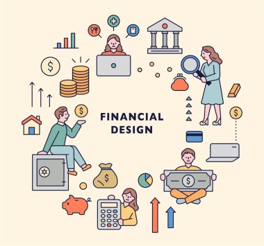 Finansal ikon seti. Banka ve para insanların simgeleri bir daire içinde sıralanır.