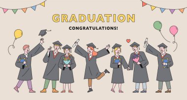 Mezuniyet töreni posteri. Mezuniyet elbiseli öğrenciler sıraya girip eğleniyorlar..