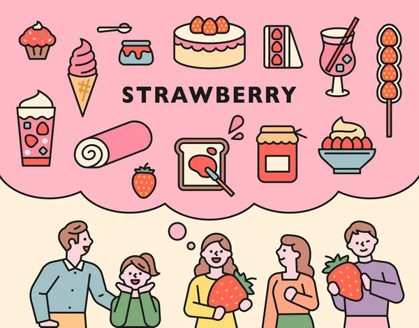 Τρόφιμα Από Φράουλες Άνθρωποι Σκέφτονται Μια Ποικιλία Από Μενού Φράουλα — Διανυσματικό Αρχείο