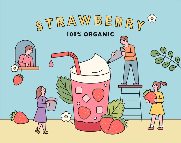 Erdbeersaft Plakat Menschen Machen Riesigen Erdbeersaft — Stockvektor