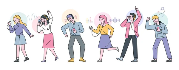 Люди Слухають Музику Телефонами Руках Навушники Їхніх Вухах Стиль Плоского — стоковий вектор
