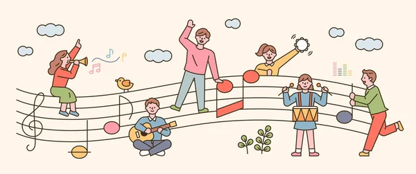 Люди Сидять Нотах Співають Грають Музичних Інструментах Стиль Плоского Дизайну — стоковий вектор