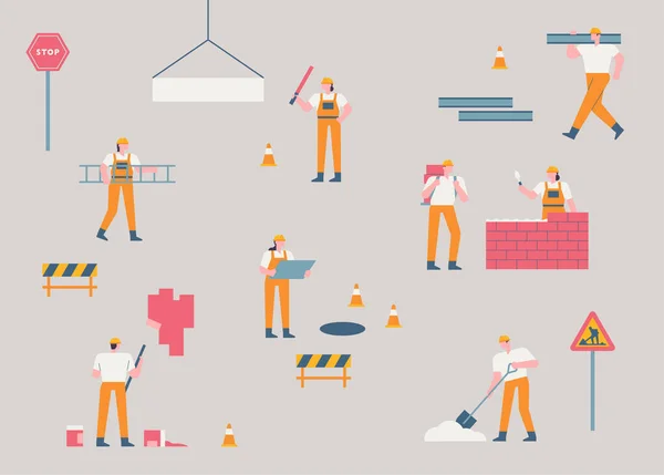 Workers Construction Site Construction Site Small Simple Human Characters Doing — Stock Vector