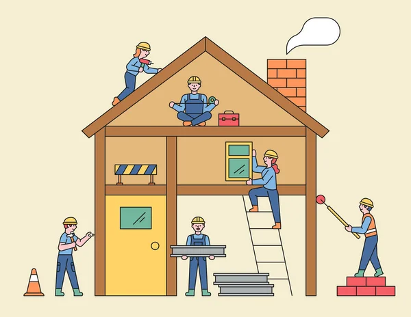 Des Gens Sur Chantier Des Gens Mignons Construisent Des Maisons — Image vectorielle