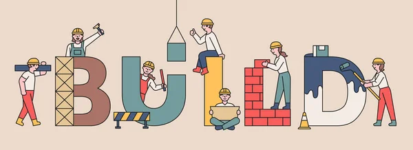 Construire Concept Bannière Des Gens Mignons Travaillent Sur Construction Autour — Image vectorielle