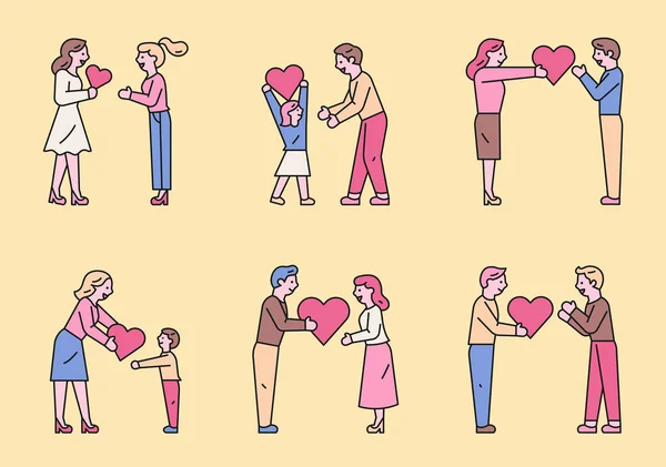Reihe Von Vektorsymbolen Stil Von Menschen Die Ihr Herz Spenden — Stockvektor