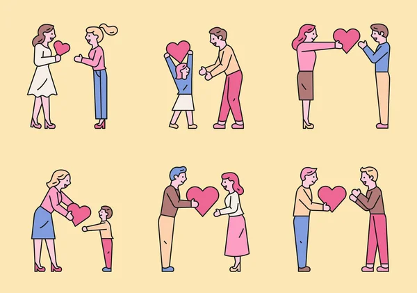 Conjunto Iconos Vectoriales Estilo Las Personas Que Dan Sus Corazones — Archivo Imágenes Vectoriales