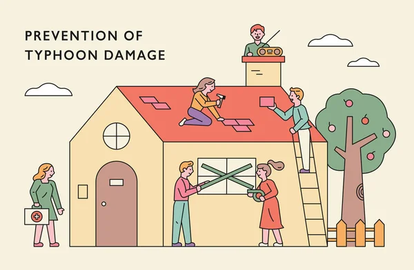 Nsanlar Bir Evi Onarıyor Tayfunun Zararını Önlüyor — Stok Vektör