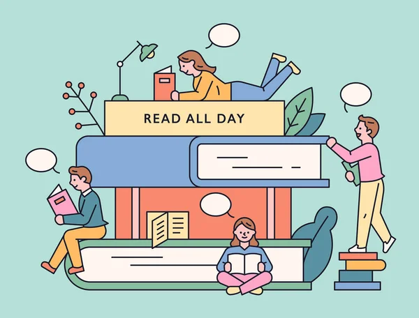 Ludzie Czytają Książki Czytają Cały Dzień — Wektor stockowy