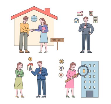 Emlak karakterleri koleksiyonu. İnsanlar bir ev sözleşmesi, bir emlak girişi, bir açıklama ve bir büyüteç arıyorlar..