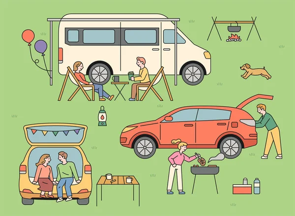 Las Personas Que Disfrutan Auto Camping Aire Libre Gente Está — Vector de stock