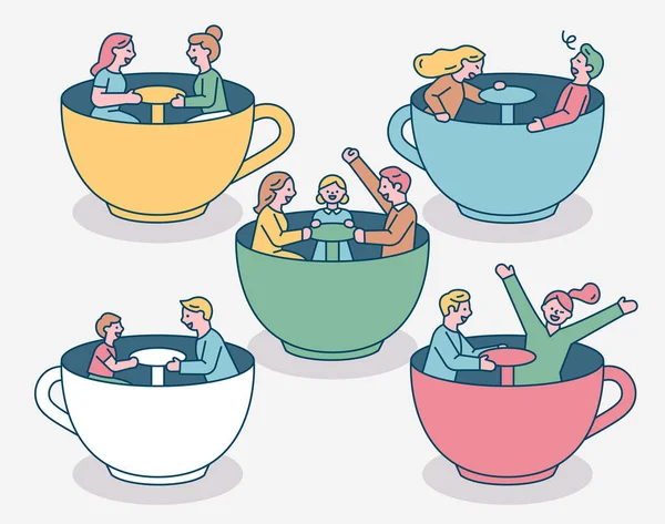 Nsanlar Lunaparkta Çay Fincanlarına Biniyor Aile Çift Çay Fincanlarında Oturarak — Stok Vektör