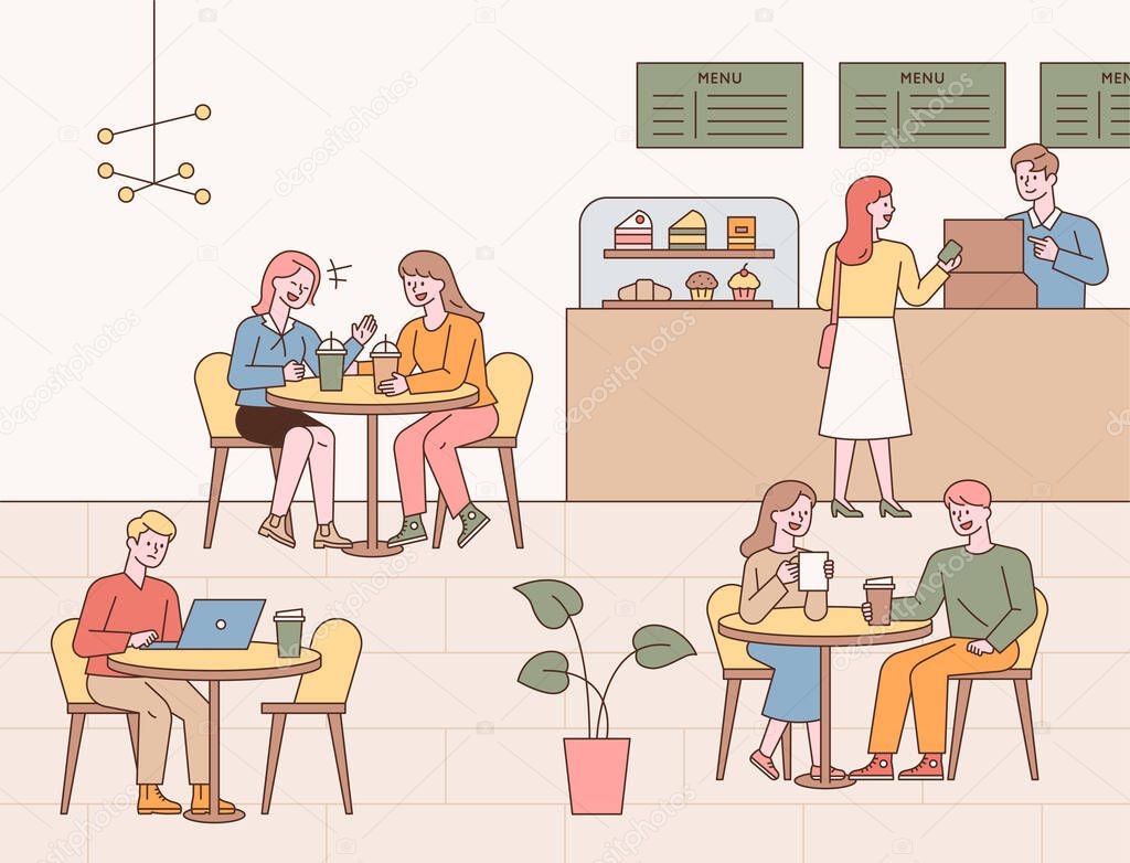 Cafe interior interior and guests. People at the table are drinking coffee, chatting with friends, and someone ordering coffee at the cashier. flat design style minimal vector illustration.