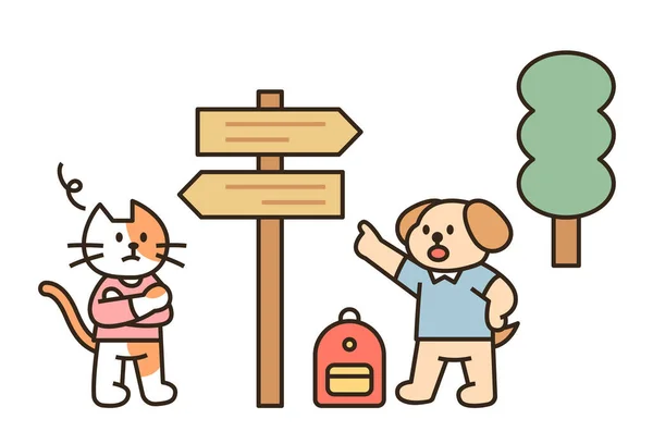 狗和猫都在背包里 在一个里程碑前 狗和猫在吵架 平面设计风格最小矢量插图 — 图库矢量图片