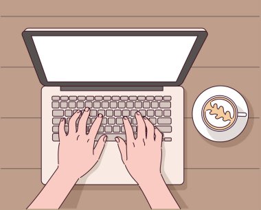 Kahve fincanı illüstrasyonlu dizüstü bilgisayarı olan kadın