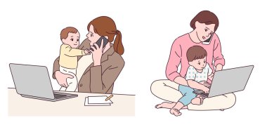 Çocuklarla çalışan genç annelerin bir çizgi film setinin vektör çizimi 