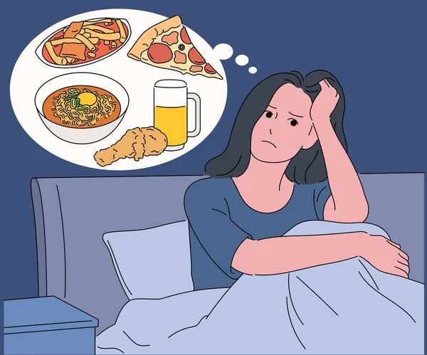 Illustration Einer Frau Die Auf Dem Bett Sitzt Und Essen — Stockvektor