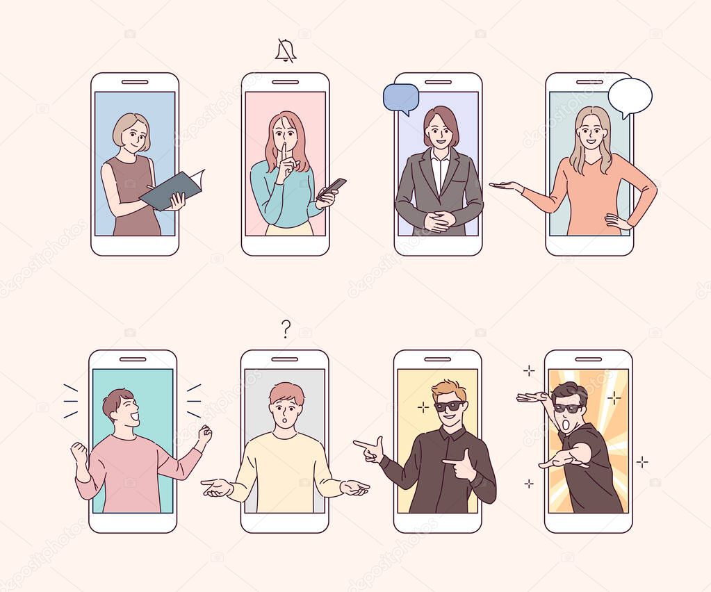 set of vector icons of smartphones  with  people