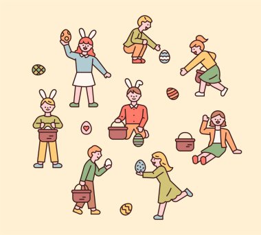 Paskalya karakterleri. İnsanlar tavşan başlığı takıyor ve Paskalya yumurtası arıyor. düz tasarım biçimi asgari vektör çizimi.