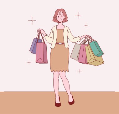 Bir sürü alışveriş çantası taşıyan bir kadın. Lüks alışveriş. el çizimi biçim vektör tasarımı çizimleri.