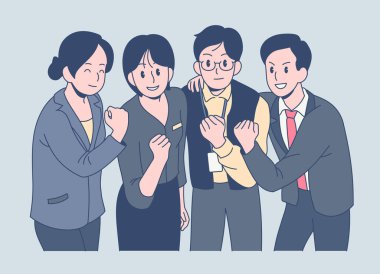 Şirket meslektaşları yumruklarını toplayıp onları başarılı bir takım çalışması için güçlendiriyor. el çizimi biçim vektör tasarımı çizimleri.