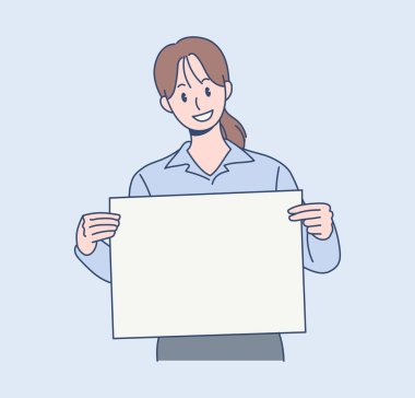 Bir kadın mesaj panosunu tutuyor. el çizimi biçim vektör tasarımı çizimleri.