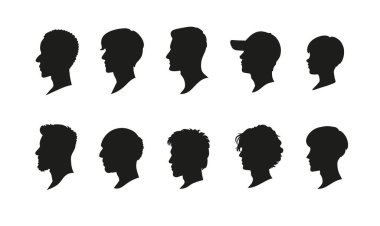 Çeşitli saç şekillerinin yan profilinin silueti. el çizimi biçim vektör tasarımı çizimleri.