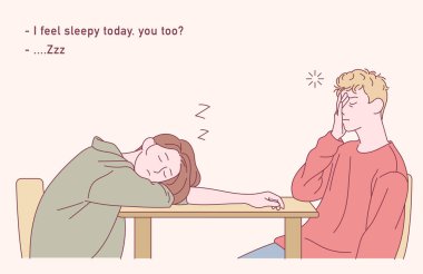 Bir kadın ve bir erkek yorgun yüzlü bir sandalyede uyuyorlar. el çizimi biçim vektör tasarımı çizimleri.