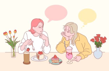Two women are talking to each other at the table with the vase, drinking a sweet piece of cake and a drink. hand drawn style vector design illustrations. vector Two women are talking to each other at the table with the vase, drinking a sweet piece of cake and a drink. hand drawn style vector design illustrations. vector