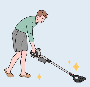 Elektrikli süpürgeyle temizlik yapan adam. el çizimi biçim vektör tasarımı çizimleri.
