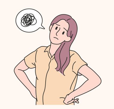 Kadın karakterin kafası karışıyor. el çizimi biçim vektör tasarımı çizimleri.