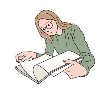 Masada ders çalışan bir kız. el çizimi biçim vektör tasarımı çizimleri.