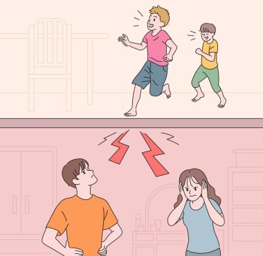 Üst ve alt katlardaki iç katman gürültüsünü gösteren bir durum. el çizimi biçim vektör tasarımı çizimleri.