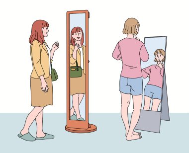 Bir kadın ve bir kız ayakta duran bir aynada birbirlerine bakıyorlar. el çizimi biçim vektör tasarımı çizimleri.