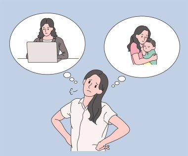 Kariyer ve ebeveynlik arasında acı çeken bir kadın. el çizimi biçim vektör tasarımı çizimleri.
