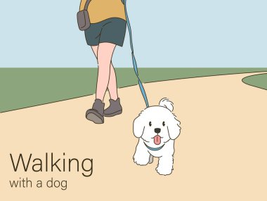 A white puppy is taking a walk with his master. hand drawn style vector design illustrations.