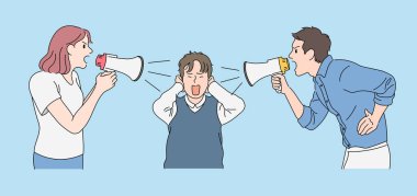 Dad and mom are holding a loudspeaker and yelling at their son, and their son is blocking his ears. hand drawn style vector design illustrations.