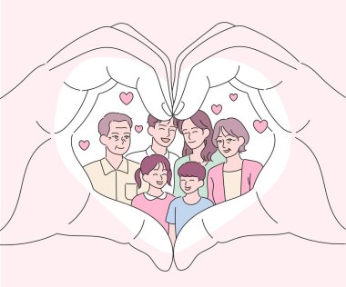 Big hands making a heart gesture. There is a happy family in it. hand drawn style vector design illustrations.