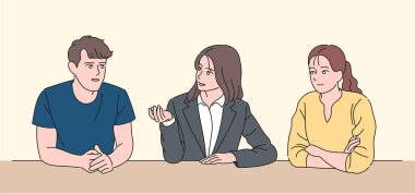 An expert is explaining to two young man and woman and they are listening. hand drawn style vector design illustrations.