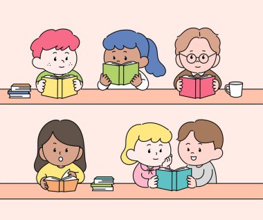 People sitting in the library and reading a book. flat design style minimal vector illustration.